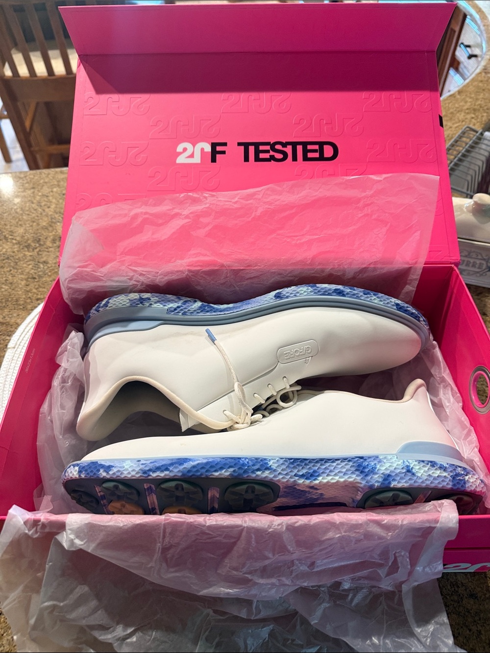 G/FORE White Athletic Golf Shoes with Blue Patterned Outsole